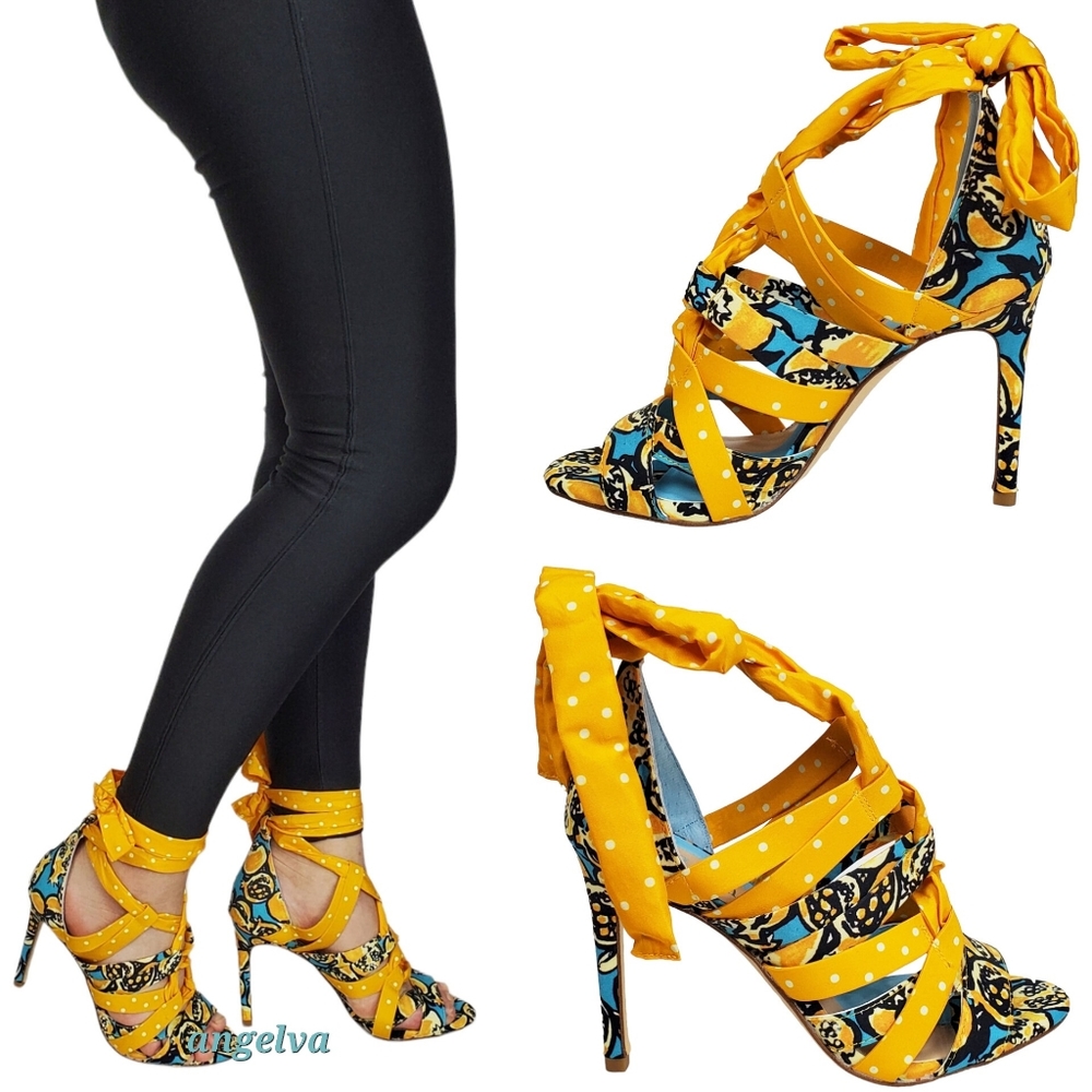 Gianni Bini Yellow Patterned Wrap-Heel Sandals - Picture 2 of 13